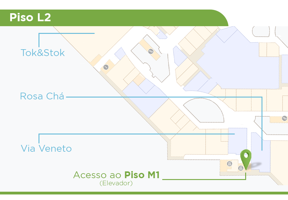 Mapa do Piso L2 do Shopping RioMar sinalizando acesso ao corredor que leva ao elevador para acessar o Piso M1, onde fica a ALSR. O corredor fica entre as lojas Via Veneto e Rosa Chá.